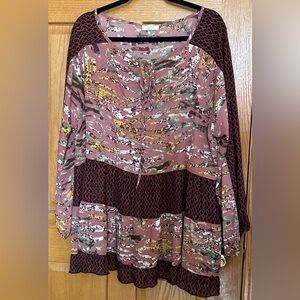ODDY Boho Mixed Print Long Sleeves Round Neck Tie Tunic 2XL